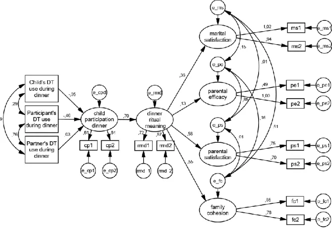 Figure 1. Path diagram with standardized coefficients for the mediation model. DT = digital technology; cp1, cp2 
