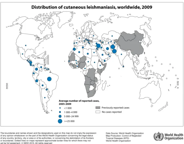 Figure  2:  World  distribution  of  tegumentar  form  of  leishmaniasis.  The  blue-dotted  areas  indicate  endemic  zones  between  2005  to  2009