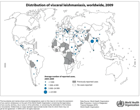Figure  3:  World  distribution  of  visceral  form  of  leishmaniasis.  The  blue-dotted  areas  indicate  endemic  zones  between  2005  to  2009