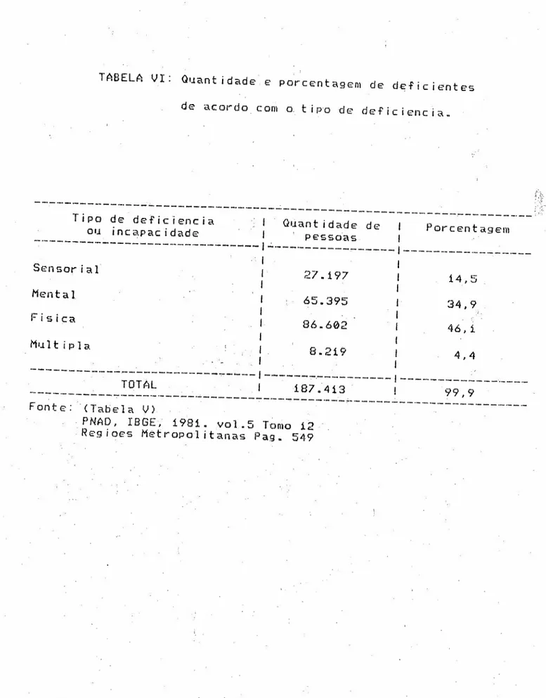 TABELA VI: Quantidade e porcentagem de deficientes