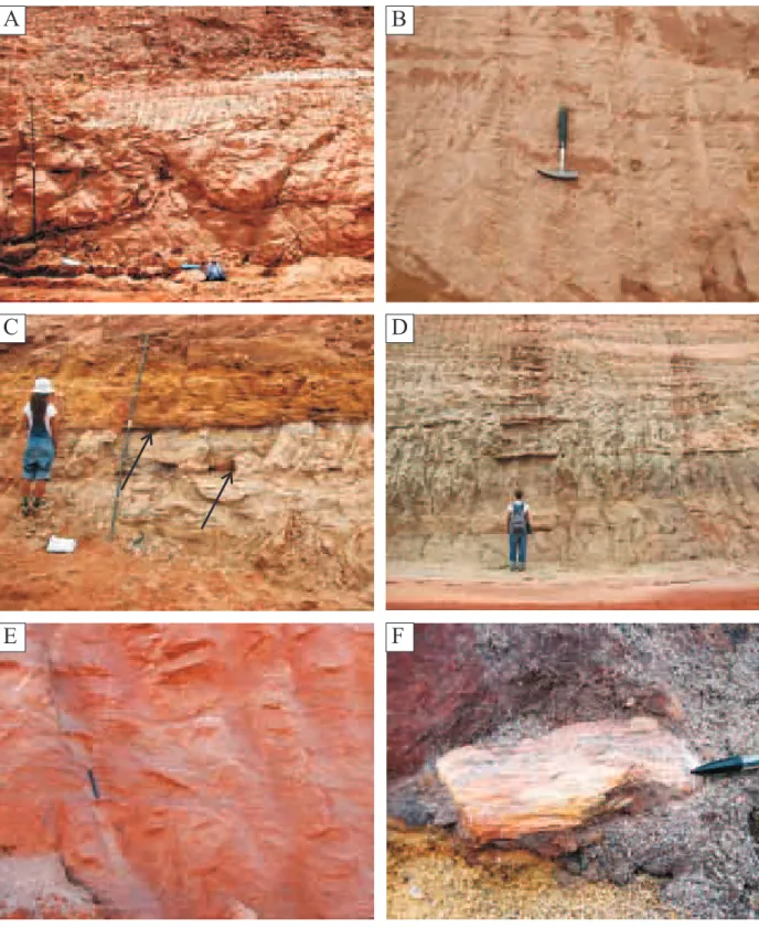Figura 3.6 - Fotografias ilustrando as fácies deposicionais descritas para os arenitos da Formação Missão Velha na Bacia do Araripe: A)