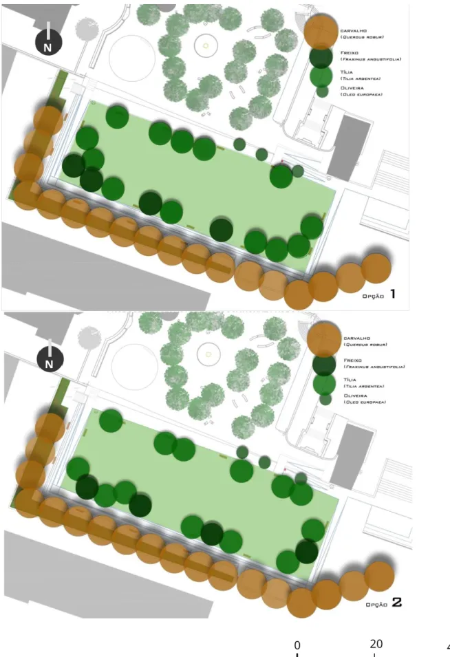 Fig. 13 – Esquemas de vegetação para o parque da cidade. Em cima a solução 1 e em baixo a solução 2 