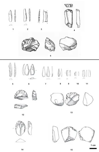 Fig. 17 - Utensilagem em quartzo UE4: 1 – raspadeira sobre  lasca; 2 –denticulado e 3 – núcleo para lamelas em sílex  local (do limite entre Bajociano e Batoniano) (Desenhos T