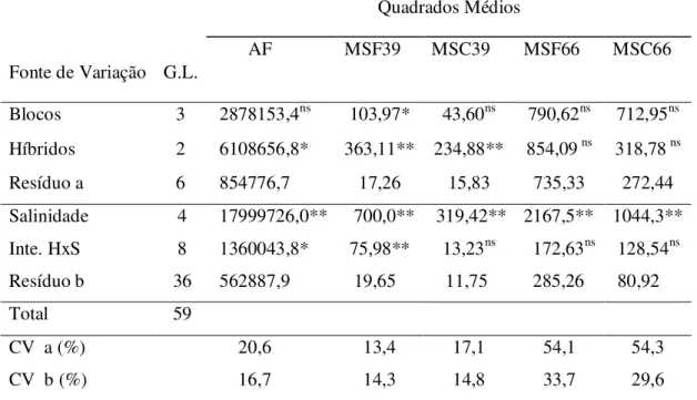 Tabela 05 – Resumo da análise de variância para as variáveis: área foliar (AF), massa seca das  folhas aos 39 DAS (MSF39), massa seca dos caules aos 39 DAS (MSC39), massa seca das  folhas aos 66 DAS (MSF66) e massa seca dos caules aos 66 DAS (MSC66) de trê