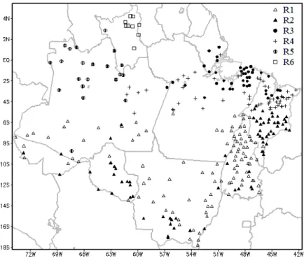Figure 4.1 - Spatial distribution of stations used in this study, for the six rainfall homogeneous  sub-regions of the Brazilian Amazon