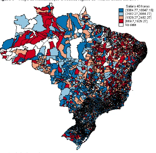 Figura 1 – Mapa da Remuneração Docente, regime de 40h, no Brasil em 2014