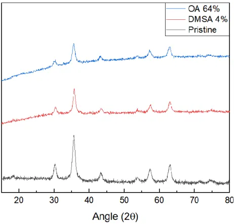 Figure 3.14 - TEM image of A) dimercaptosuccinic acid-coated magnetite and B) oleic acid-coated magnetite  nanoparticles and the respective size distribution of nanoparticles