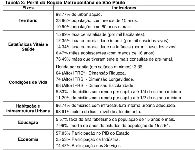 Tabela 3: Perfil da Região Metropolitana de São Paulo 