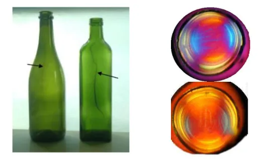 Figure 2.1: a) Examples of a cord defects after cooling. b) Glass cord observed by viewing in polarized light [12]