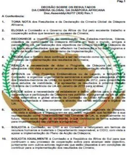 Figura  1  -  Ata  sobre  o  tema  &#34;Decisão  sobre  os  resultados  da  Cimeira  Global  da  Diáspora  Africana&#34;