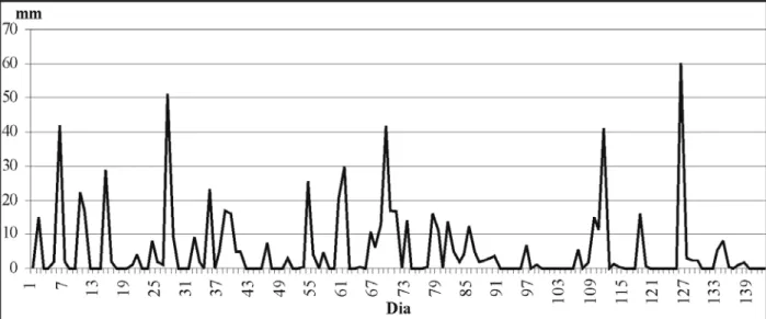 FIGURA 3. Valores diários de precipitação, em mm, registradas entre 20 de novembro de 2000 (Dia 1) e 10 de abril de 2001 (Dia 142)