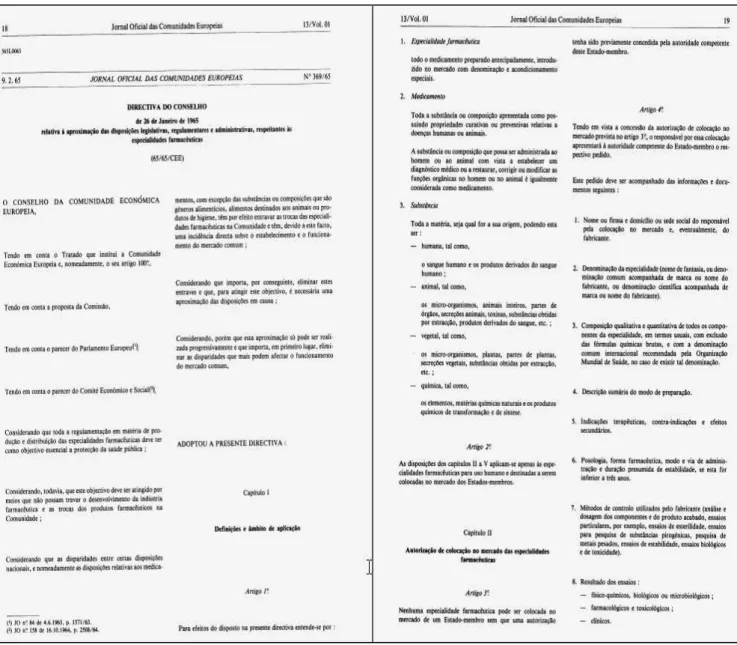 Figura 3 - Diretiva do Conselho de 26 de janeiro de 1965, instituindo as regras de regulamentação farmacêutica  entre os membros da União Europeia  –  páginas 18-19