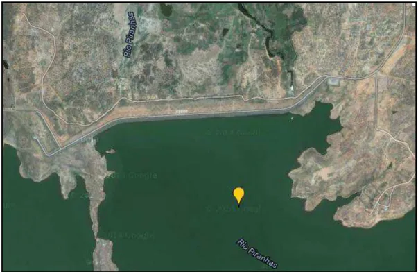 Figura 3.2: Vista superior da Barragem do Açu via Satélite e sua localização no Rio  Piranhas-Açu 