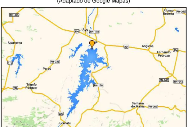 Figura 3.4: Localização da Barragem do Açu no Rio Piranhas-Açu  (Adaptado de Google Mapas) 