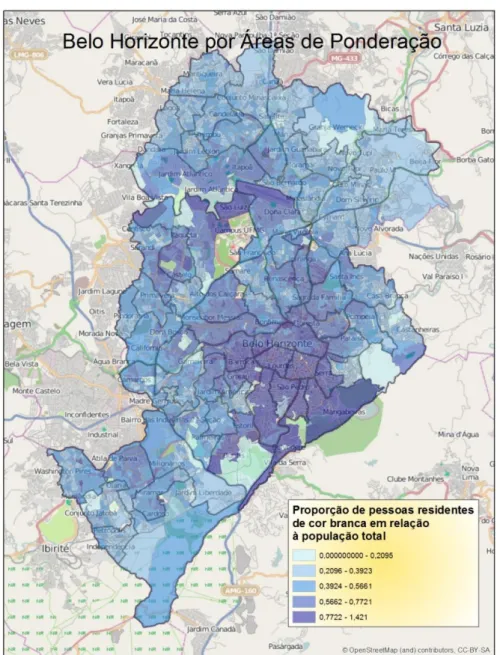 Figura 5 – Proporção de pessoas residente de cor branca em relação à população total de Belo Horizonte – Censo  2010