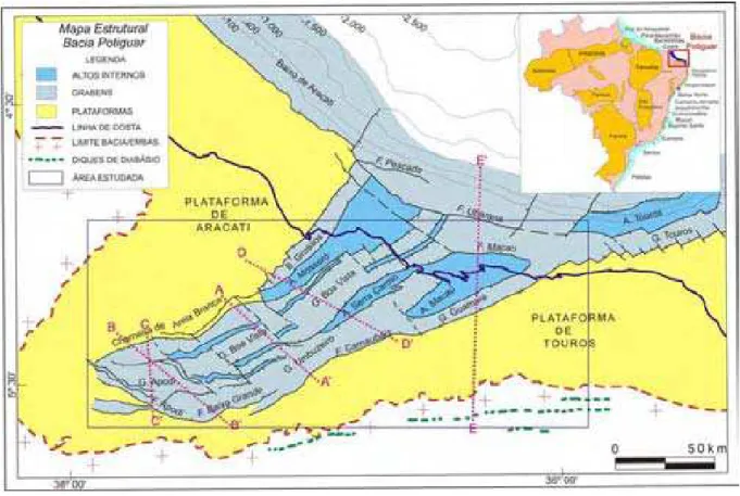 Figura 3.1 – Mapa de localização e arcabouço estrutural da Bacia Potiguar. Localização das  seções geológicas (A-A’, B-B’, C-C’, D-D’ e E-E’) e área selecionada para estudo