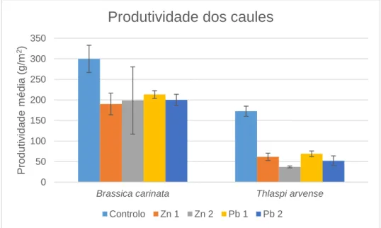 Figura 3.1: Produtividade média (g.m -2 ) dos caules da Brassica carinata e Thlaspi arvense para cada nível de  contaminação com zinco e chumbo