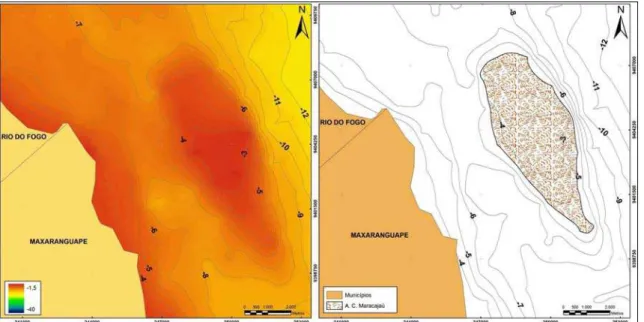 Figura  4.3.  Contornos  batimétricos  e  delimitação  da  área  de  ocorrência  (isóbata  de  5  metros) para o alto costeiro de Maracajaú