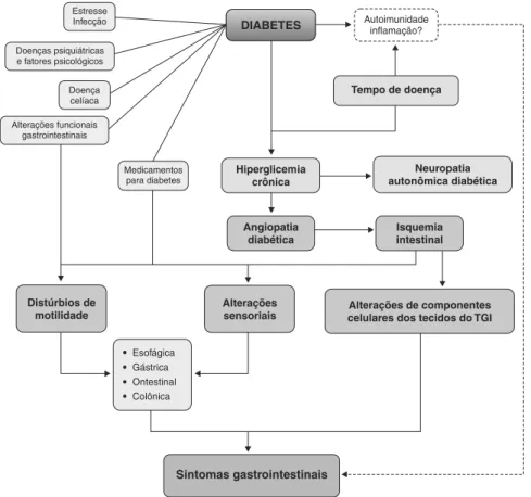 Figura 1 -  Mecanismos fisiopatogênicos dos sintomas gastrointestinais no diabetes melito