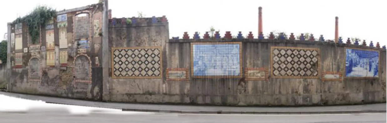 Figura 15. Panorâmica do muro mostruário da fábrica. Fotomontagem.