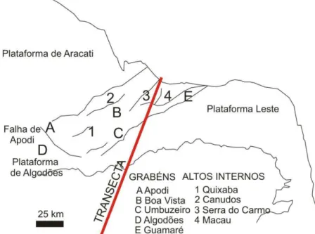 Figura  4.2.  Mapa estrutural  simplifcado  da Bacia Potiguar,  com  grábens  e  altos  in- in-ternos da sua porção rifte