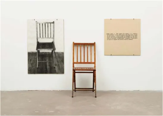 Figure 2. One and Three Chairs, 1965. Installalion. Chair 32  3/8 x 14 7/8 x 20 7/8&#34; (82 x 37.8 x 53 cm), photographic  panel 36 x 24 1/8&#34; (91.5 x 61.1 cm), text panel 24 x 30&#34; (61  x 76.2 cm)