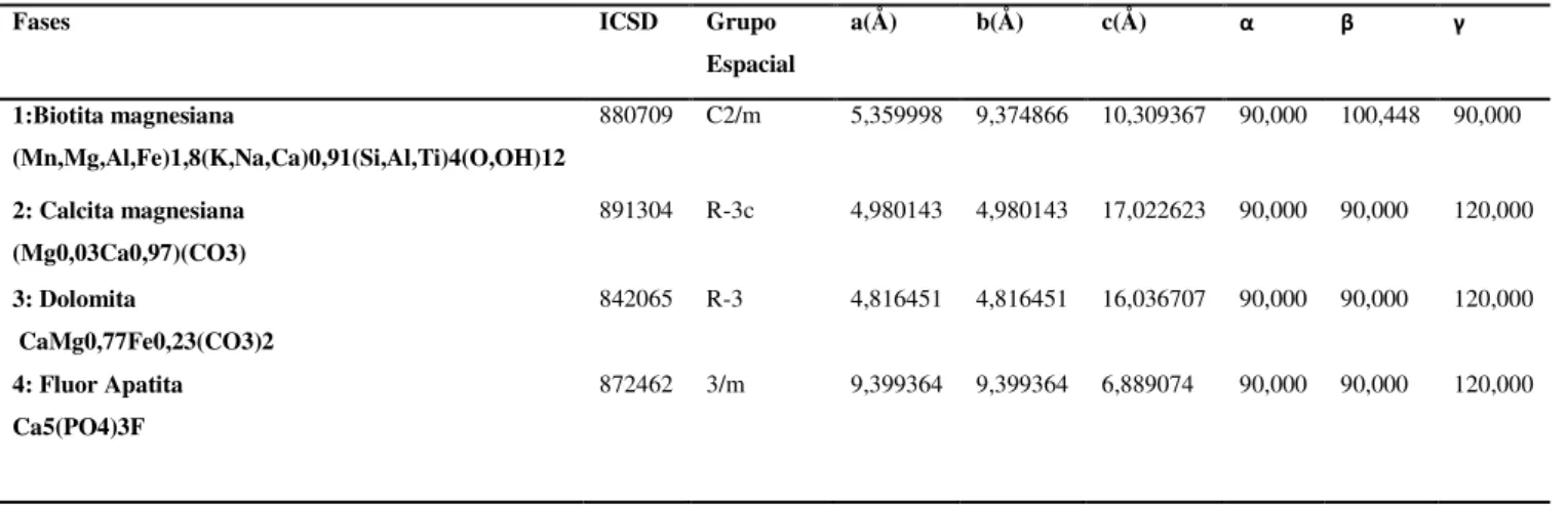 Tabela V.4  : Dados padrão ICSD para a amostra analisada célula unitária (a, b, c,α, β, γ) 