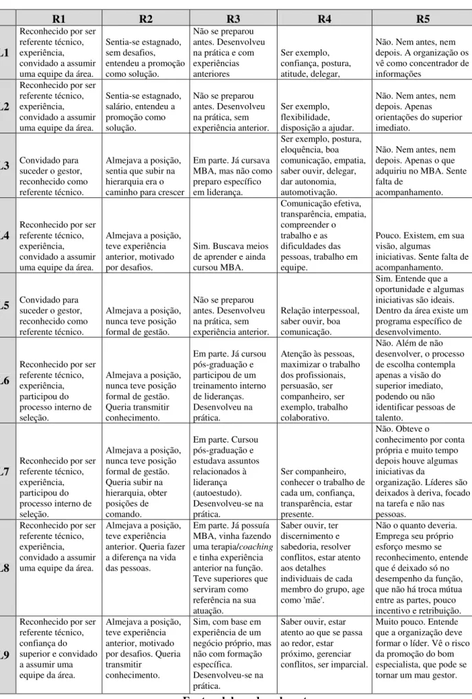 Tabela 1: Resumo das expressões presentes nas respostas dos líderes. 