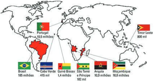 Figura 6 - Mapa dos países que têm a Língua Portuguesa como língua oficial e que  compõem a Comunidade dos Países de Língua Portuguesa (CPLP)