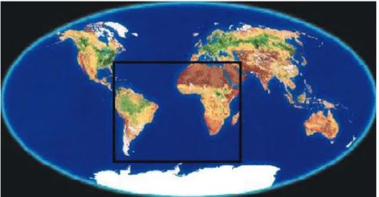 Figura 11 – Mapa mundi. No quadro preto (destaque nosso) o enquadramento  da parte do mundo de que trata a abertura do programa