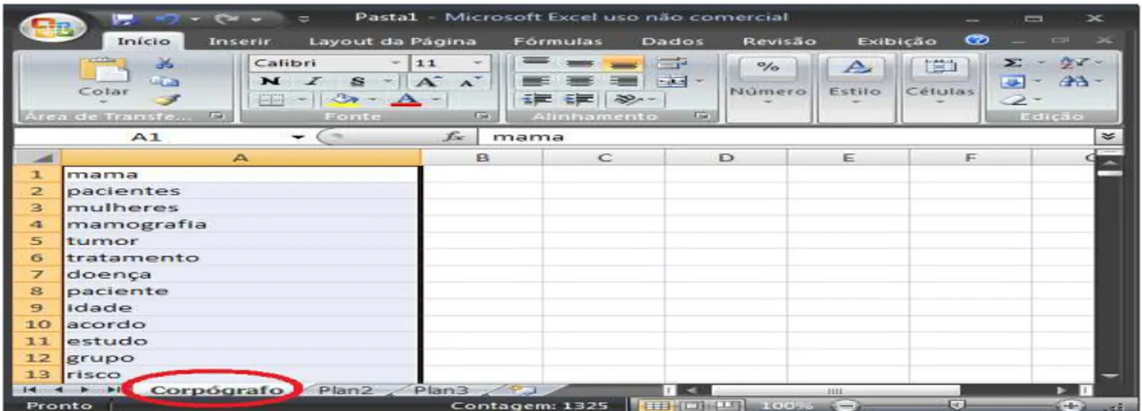 Figura 4: tela da planilha do Microsoft Office Excel 2007 com os candidatos extraídos                    do Corpógrafo 4.0