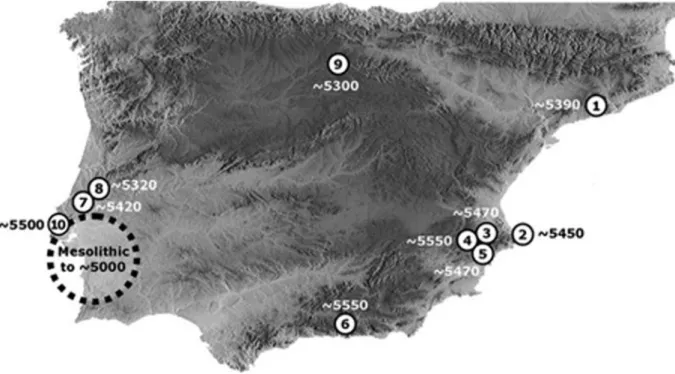 Fig. 4 – Mapa de localização das mais antigas amostras domésticas à escala peninsular (ZILhãO, 2011, p