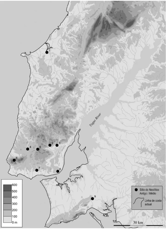 Fig.  5 – Sítios  de  habitat  do  Neolítico  antigo / médio  com  datações  radiocarbónicas  na  região  de  Lisboa:  1 – Casa  da  Moura; 