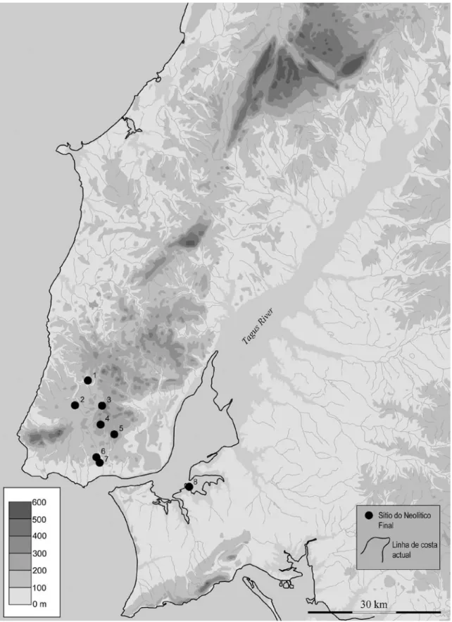 Fig. 6 – Sítios de habitat do Neolítico final com datações radiocarbónicas na região de Lisboa: 1 – Penedo do Lexim; 2 – Lameiras; 