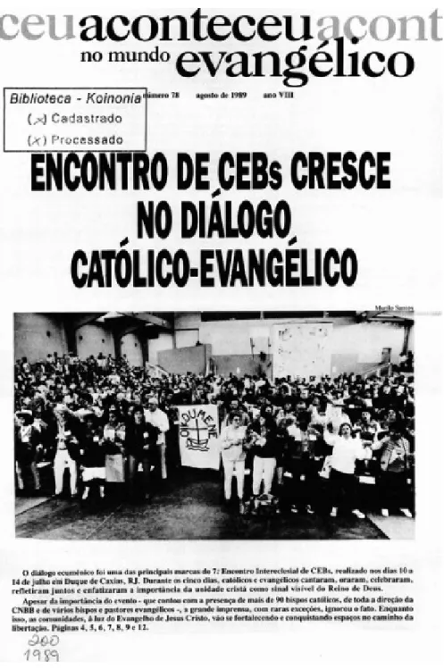 Figura 6 – Publicação do Informativo “Aconteceu no Mundo Evangélico” da  Koinonia, sobre o Encontro de  Comunidades Eclesiais de base, em 1989,  realizados em Duque  de Caxias