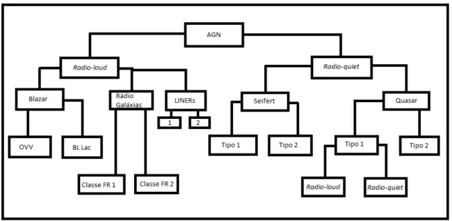 Figura 2.5: Esquematização dos AGNs e suas subclasses. Em que: OVV - Optically Violent Variable (Variáveis Opticamente Intensas).