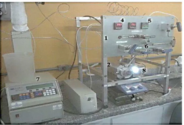 Figura 3.3 - Sistema de medição de equilíbrio a alta pressão. (1) suporte universal, (2) célula  de pressão, (3) agitador, (4) termopar, (5) pressostato, (6) válvulas micrométricas, (7) bomba  seringa, (8) fonte luminosa