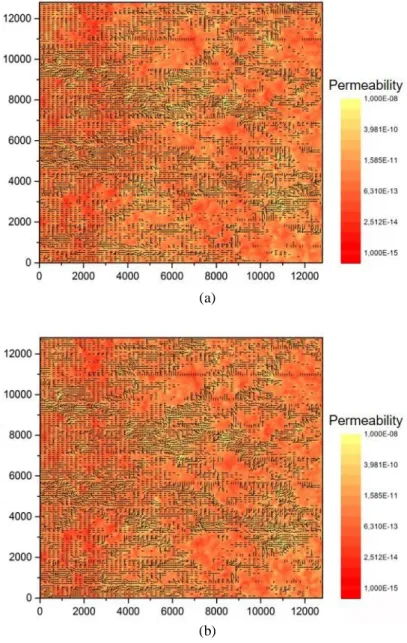 Figure 5: The flow velocity field for (a) MFEM and (b) MsFDM 64 ´64