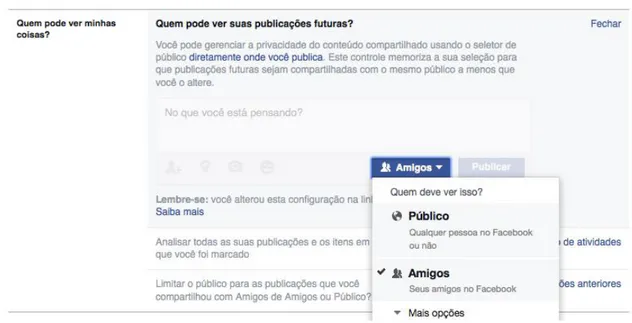 Figura 1.  Opção para configuração da privacidade do que é postado no  Facebook. 