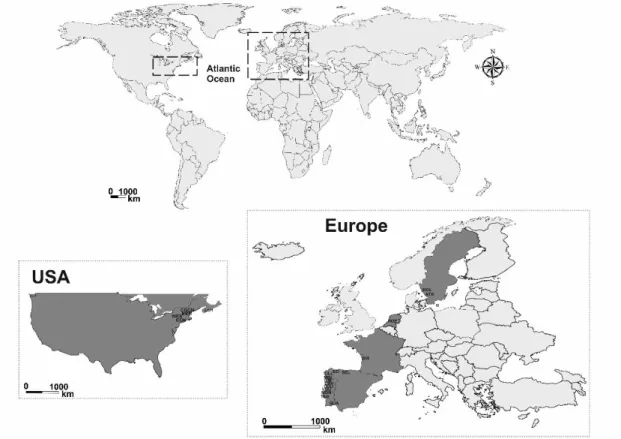 Figure  3.  Sampling  sites  from  the  west  Atlantic  North  American  coast  and  the  east  Atlantic  coast  assayed in this study