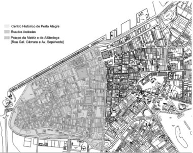 Figura 2 - Mapa do Centro Histórico de Porto Alegre, com o eixo da  Rua da Praia e as duas praças – da Alfândega e da Matriz - destacadas