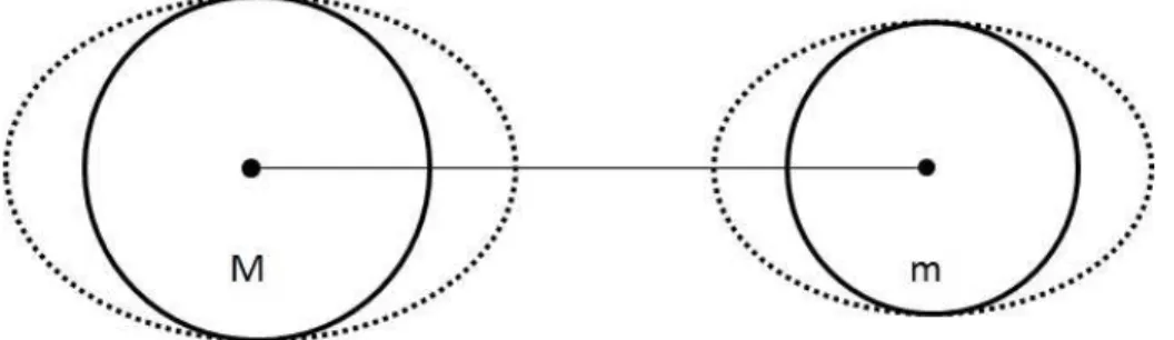 Figura 2.3: Ilustração do efeito de maré gravitacional em um sistema binário. As formas das estre- estre-las sem o efeito de maré seriam esféricas, como nos círculos de linhas contínuas