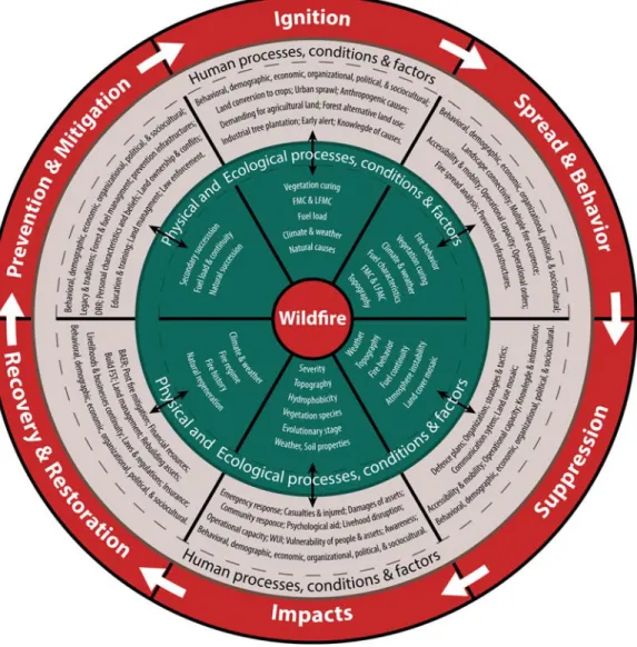 Figure  1.  Demonstration  of  how  ecological  and  social  processes,  conditions,  and factors  interplay  throughout the wildfire temporal phases. A more detailed list of processes, conditions and factors is  reported in Table A1. 