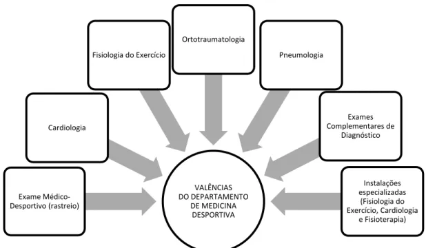 Figura 1 - Valências do departamento de medicina desportiva VALÊNCIAS DO DEPARTAMENTO DE MEDICINA DESPORTIVA Exame Médico-Desportivo (rastreio) Cardiologia Fisiologia do Exercício Ortotraumatologia Pneumologia  Exames  Complementares de Diagnóstico  Instal