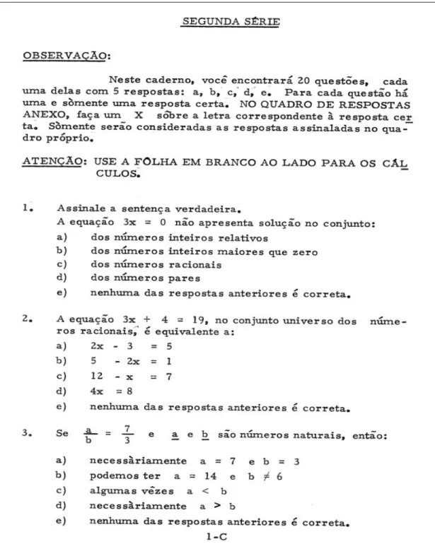 Figura 1.3.3 Primeira página da prova final teste aplicada na 1ª Olimpíada de Matemática,  em 1967