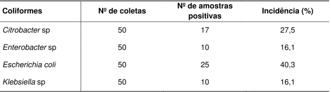 Tabela  1  -  Incidência  de  coliformes  isolados  de  camarão  fresco  e  refrigerado  (Litopenaeus  vannamei)  comercializado  na  cidade  de  Natal  –  Rio  Grande  do  Norte  (RN)