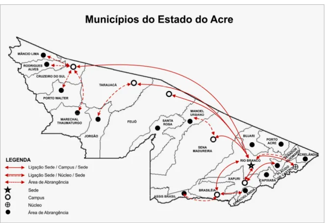 Figura 1.1 – Mapa dos municípios do Estado do Acre, ilustrando a divisão da sede e a criação dos  campi e do Núcleo da Ufac