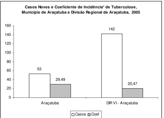 Gráfico 2 - Casos Novos e Coeficiente de Incidência de Tuberculose, Município de  Araçatuba e Divisão Regional de Araçatuba, 2005 