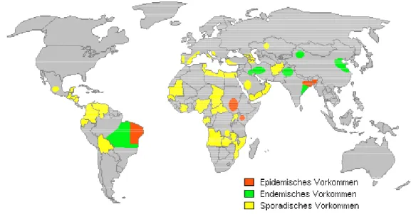 FIGURA 3. Distribuição mundial da leishmaniose visceral ( http://www.reise- http://www.reise-tropenmedizin.de/leish2.htm .)