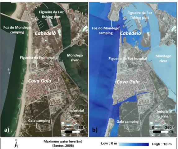 Figure 2. Cabedelo study area: (a) Satellite imagery from study area; (b) Tsunami inundation  from numerical model results for Cabedelo [1]